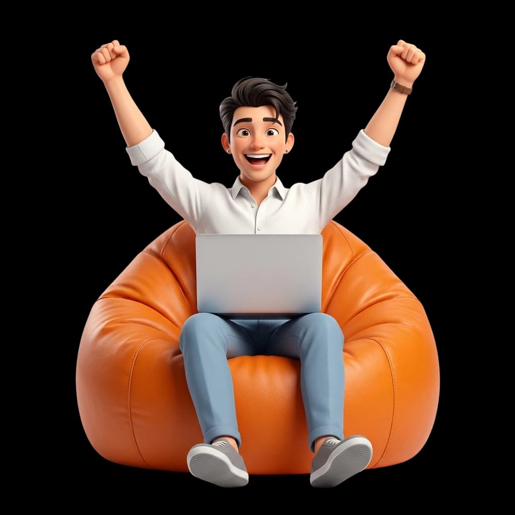 A student celebrating with both arms raised while sitting with a laptop